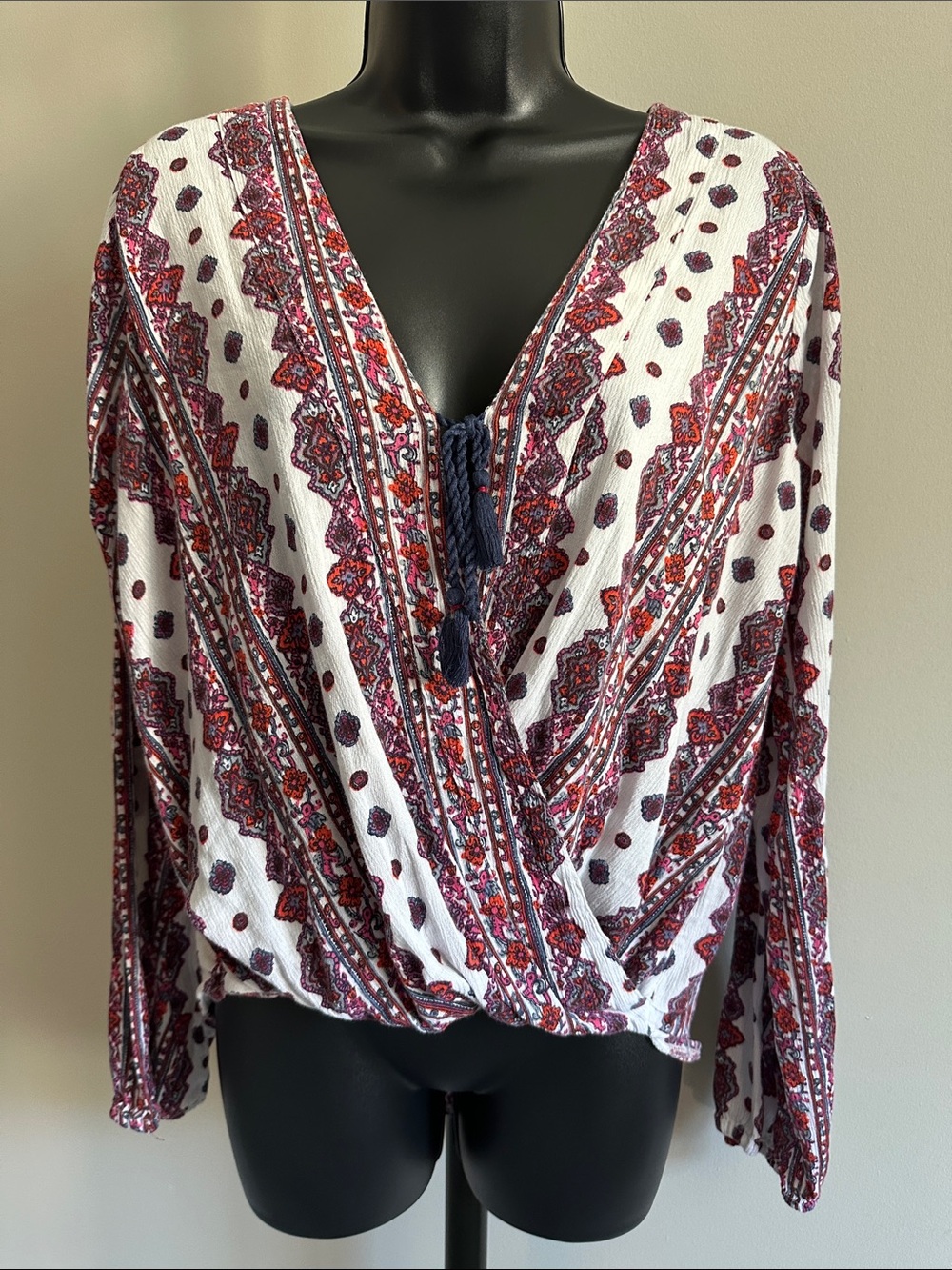Hollister White Wrap Blouse with Purple & Red Paisley Print